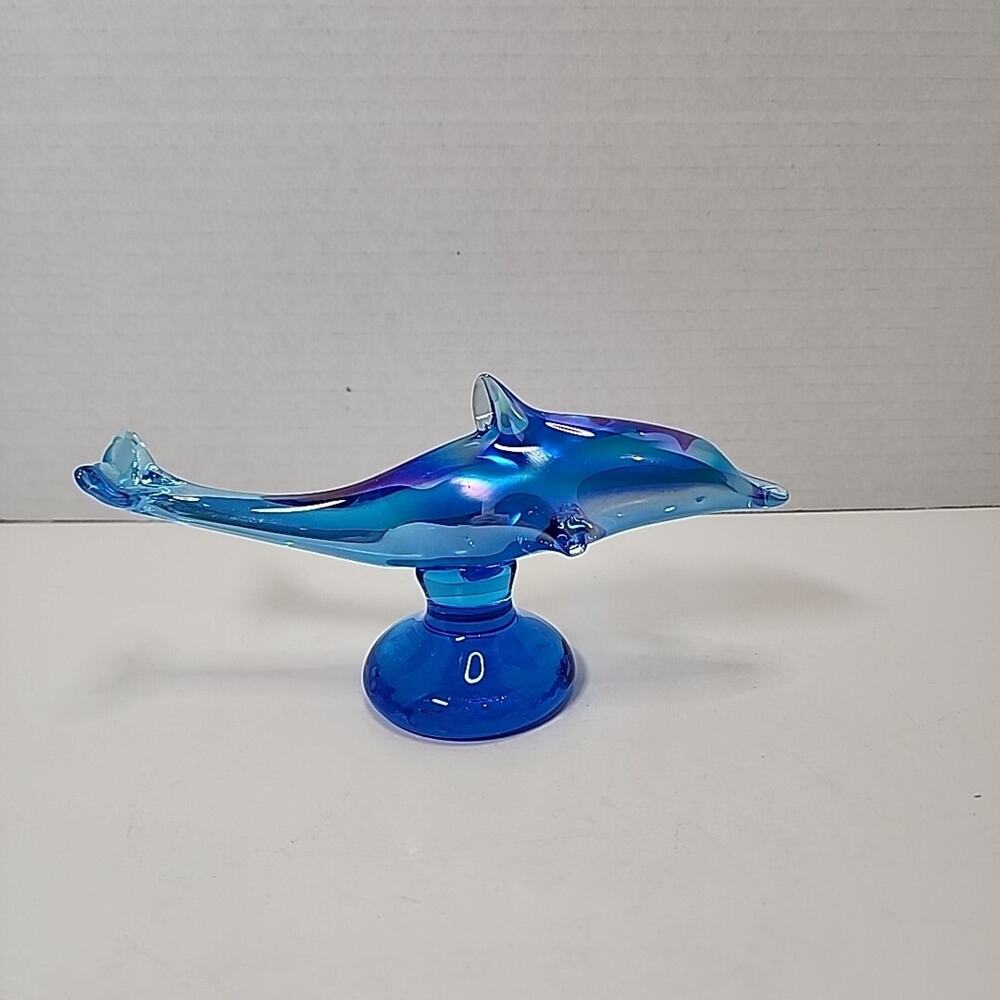 Vtg 1994 Ron Ray Hand Blown Art Glass Blue Dolphin 6"Figurine Paperweight Signed